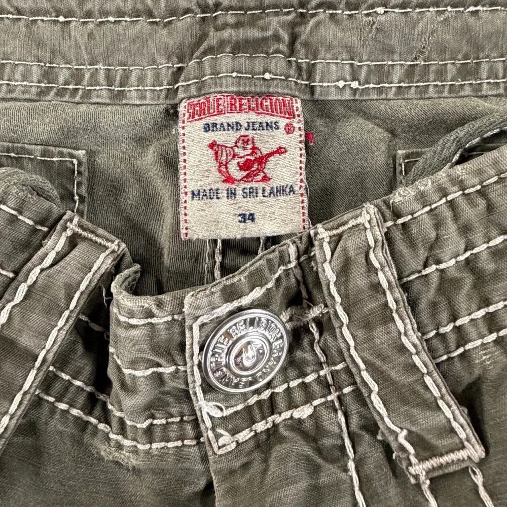 True Religion Mens Super T Cargo Shorts Olive Green White Stitch Y2K Size 34 37